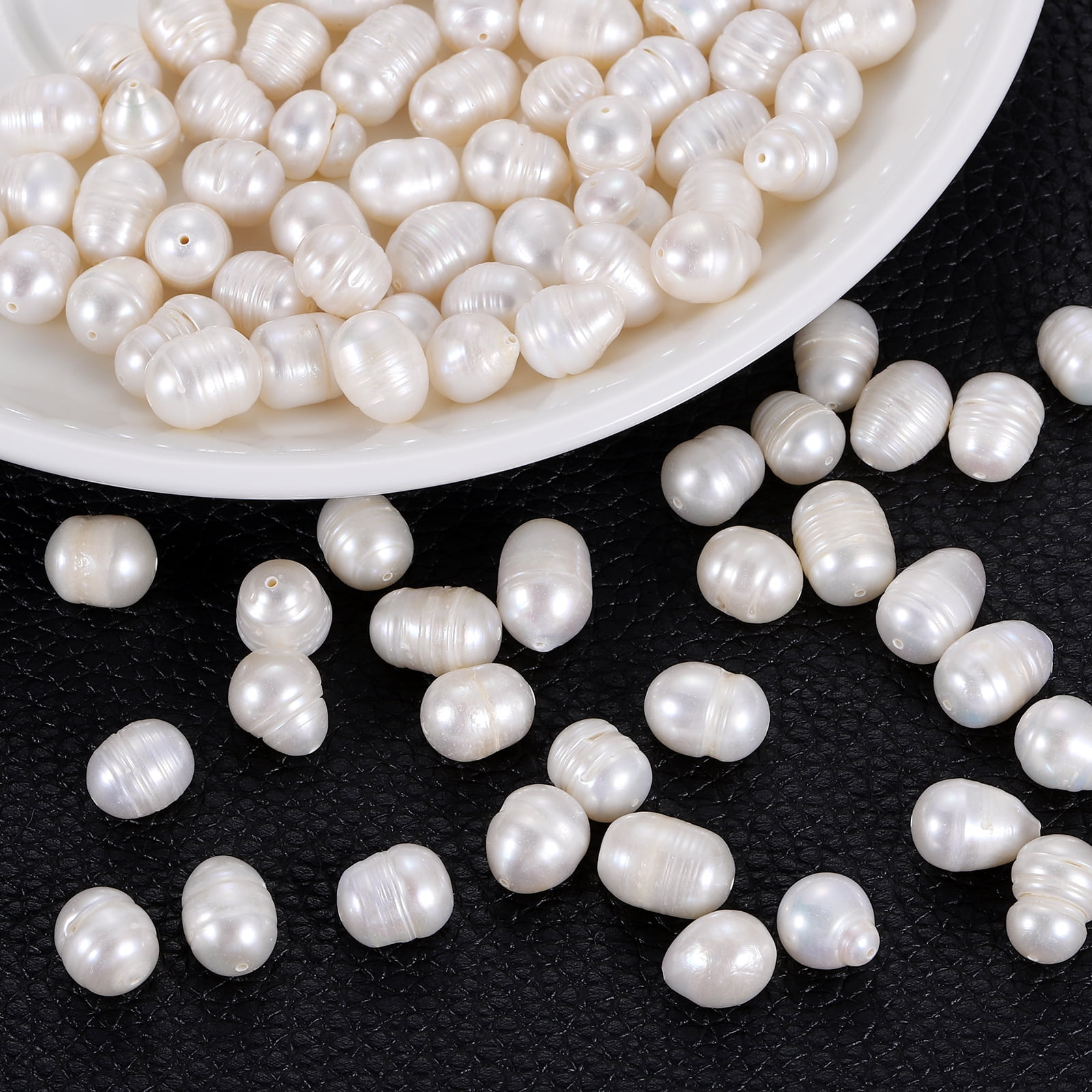 Uxcell 100 Pcs Natural Freshwater Pearl Beads, 9-10mm Oval Rice Shape Loose Gemstone Pearls 0.8mm Hole for Leather Cord Beading Jewelry Making DIY Craft, White