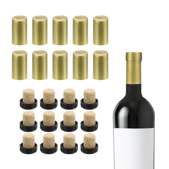 Uxcell 100Pcs Heat Shrink Capsules with 12Pcs T-Shaped Stopper Gold 32 x 45 mm/1.3 x 1.8 inch