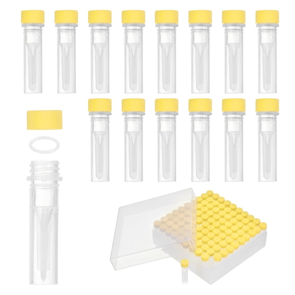 Uxcell 100 Pcs Plastic Vials, 0.5ml Cryogenic Vials Small Sample Test Tubes Centrifuge Tubes Frozen Container Storage Box with Screw Cap for Low Temperature Storage Laboratory, Yellow