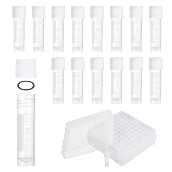 Uxcell 100 Pcs Plastic Vials, 2ml Cryogenic Vials Small Sample Test Tubes Centrifuge Tubes Frozen Container Storage Box with Screw Cap for Low Temperature Storage Laboratory, White