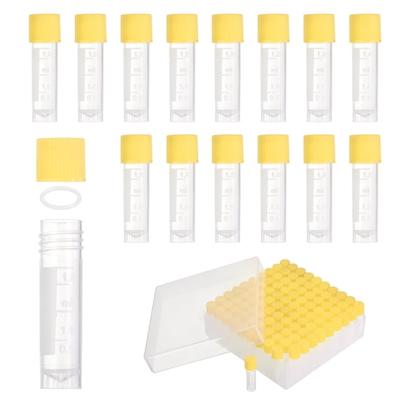 Uxcell 100 Pcs Plastic Vials, 2ml Cryogenic Vials Small Sample Test Tubes Centrifuge Tubes Frozen Container Storage Box with Screw Cap for Low Temperature Storage Laboratory, Yellow