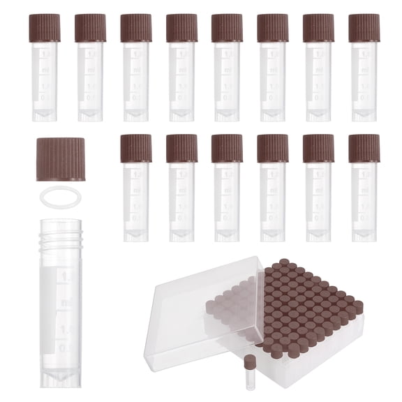 Uxcell 100 Pcs Plastic Vials, 2ml Cryogenic Vials Small Sample Test Tubes Centrifuge Tubes Frozen Container Storage Box with Screw Cap for Low Temperature Storage Laboratory, Brown