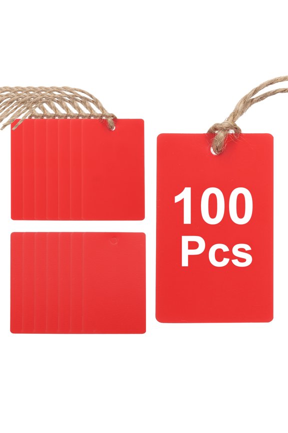 100Pcs Red Plastic Shipping Tags, 2" x 1" Waterproof Labeling Tags with Thread & Wire for Garage, Inventory Tag