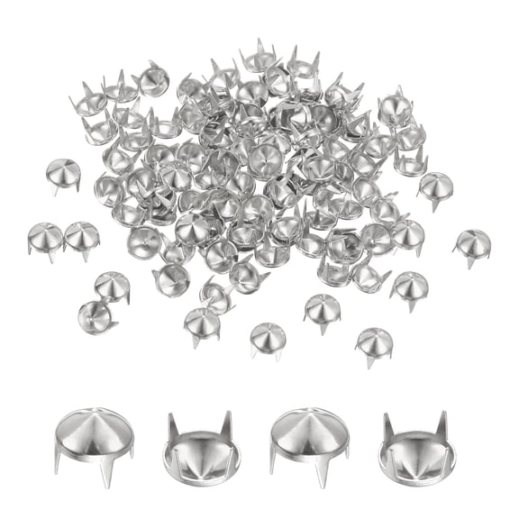 Uxcell 100 Pcs Round Pyramid Studs, 6mm Four-Jaw Cone Metal Stud Spikes Punk Leather Rivets Decorative for Leathercraft Clothing Shoes Jacket DIY Crafts Jeans Bags, Silver Tone