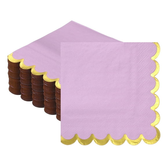 Uxcell 100 Pcs Scalloped Cocktail Napkins with Gold Foil Edges, 5 x 5 Inch Disposable Scalloped Paper Napkins for Wedding Engagement Anniversary Party Tableware Decorations, Purple