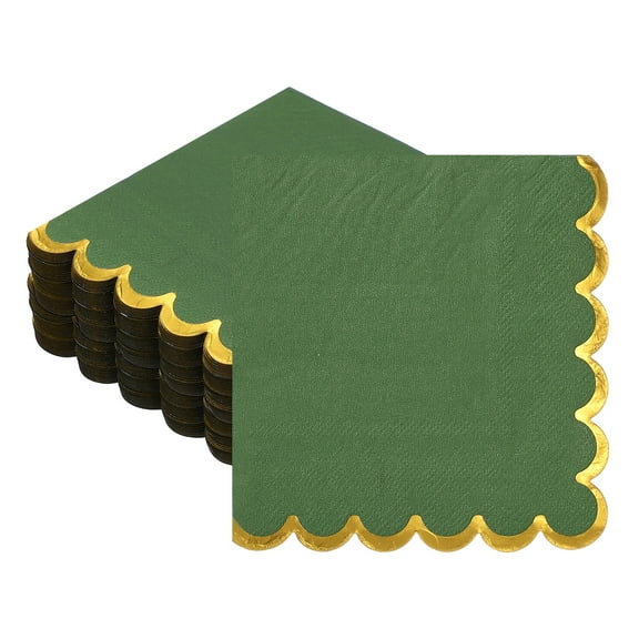 Uxcell 100 Pcs Scalloped Cocktail Napkins with Gold Foil Edges, 5 x 5 Inch Disposable Scalloped Paper Napkins for Wedding Engagement Anniversary Party Tableware Decorations, Green