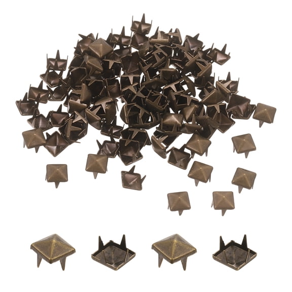 Uxcell 100 Pcs Square Pyramid Studs, 7mm Four-Jaw Metal Stud Spikes Punk Leather Rivets Decorative for Leathercraft Clothing Shoes Jacket DIY Crafts Jeans Bags, Bronze