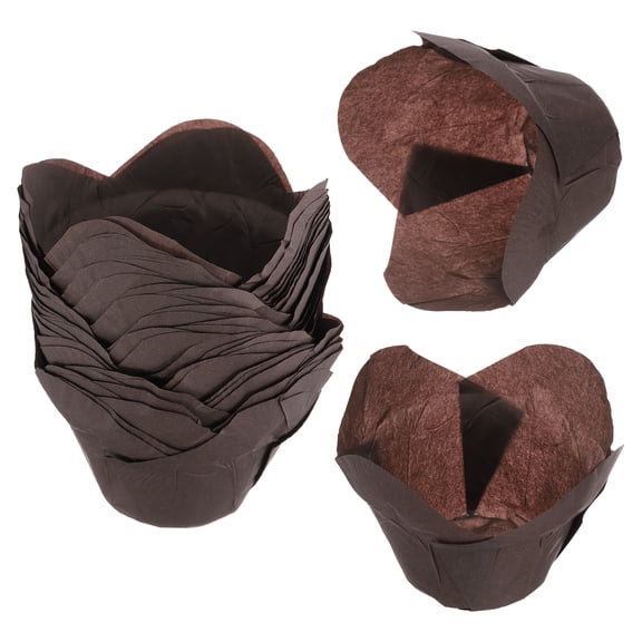 Uxcell 100 Pcs Tulip Cupcake Liners, Lotus Shape Muffins Liners Paper Baking Cups Greaseproof Wrappers for Home Baking Party Wedding Birthday Cupcake Sweet Treats, Coffee
