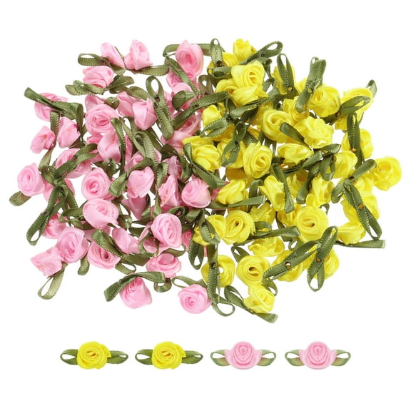 Uxcell 100 Pcs Yellow/Pink Ribbon Roses 5/8"x1-3/16" Mini Roses for Sewing Appliques