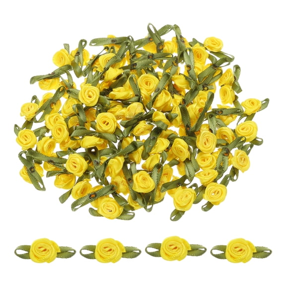 Uxcell 100 Pcs Yellow Ribbon Roses 5/8"x1-3/16" Mini Roses for Crafts Little Satin Bows Roses Artificial Flowers