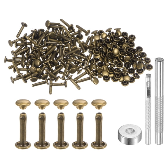 Uxcell 100 Sets Leather Rivets 6mm x 12mm Metal with 3 Setter Tools for Craft, Bronze