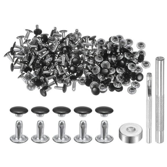 Uxcell 100 Sets Leather Rivets 8mm x 10mm Metal with 3 Setter Tools for Craft, Brilliant Black