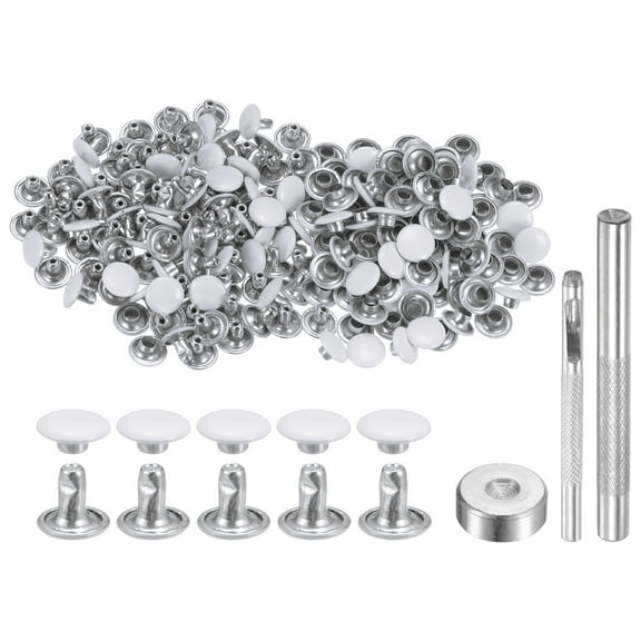 Uxcell 100 Sets Leather Rivets 8mm x 6mm Metal with 3 Setter Tools for Craft, White