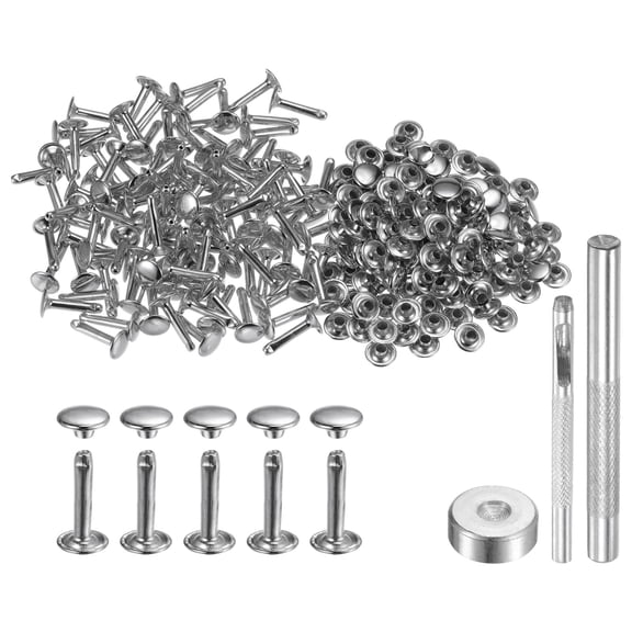 Uxcell 100 Sets Leather Rivets 9mm x 16mm Metal with 3 Setter Tools for Craft, Silver Tone