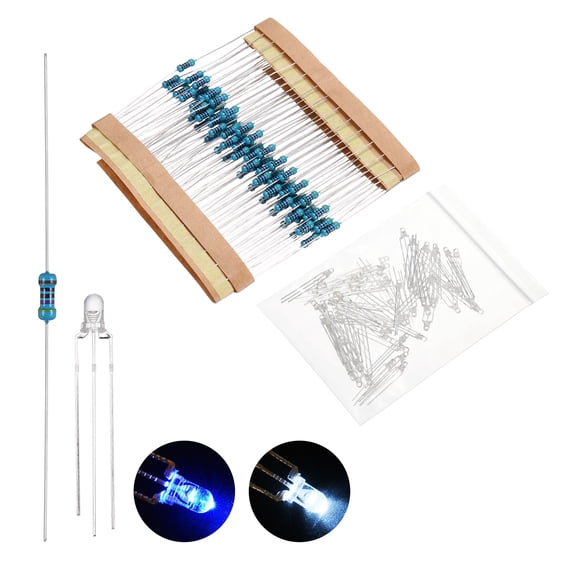 Uxcell 100 pack 3mm LED Diode Lights, Blue White Common Cathode Round Transparent DC 3-12V High Brightness Lighting Bulb Lamps with 470 Ohms Metal Film Resistor for Electronics Components