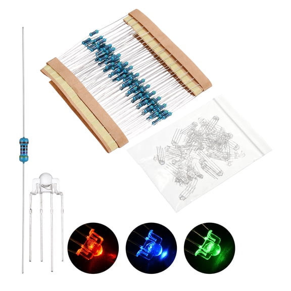 Uxcell 100 pack 3mm LED Diode Lights, RGB Common Cathode Round Transparent DC 3-12V High Brightness Lighting Bulb Lamps with 470 Ohms Metal Film Resistor for Electronics Components