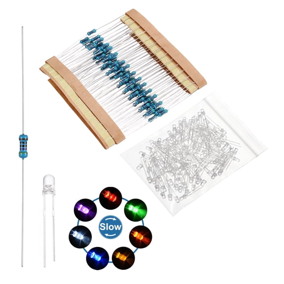 Uxcell 100 pack 3mm LED Diode Lights, Rainbow Slow Round Transparent DC 3-12V High Brightness Lighting Bulb Lamps with 470 Ohms Metal Film Resistor for Electronics Components