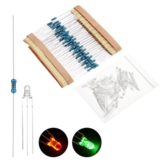 Uxcell 100 pack 3mm LED Diode Lights, Red Green Common Cathode Round Transparent DC 3-12V High Brightness Lighting Bulb Lamps with 470 Ohms Metal Film Resistor for Electronics Components
