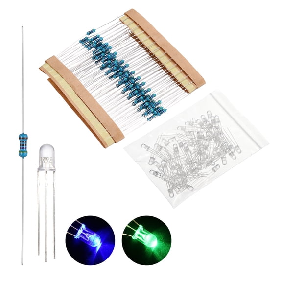 Uxcell 100 pack 5mm LED Diode Lights, Blue Green Common Cathode Round Transparent DC 3-12V High Brightness Lighting Bulb Lamps with 470 Ohms Metal Film Resistor for Electronics Components