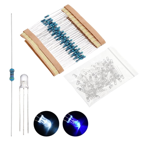 Uxcell 100 pack 5mm LED Diode Lights, Blue White Common Cathode Round Transparent DC 3-12V High Brightness Lighting Bulb Lamps with 470 Ohms Metal Film Resistor for Electronics Components