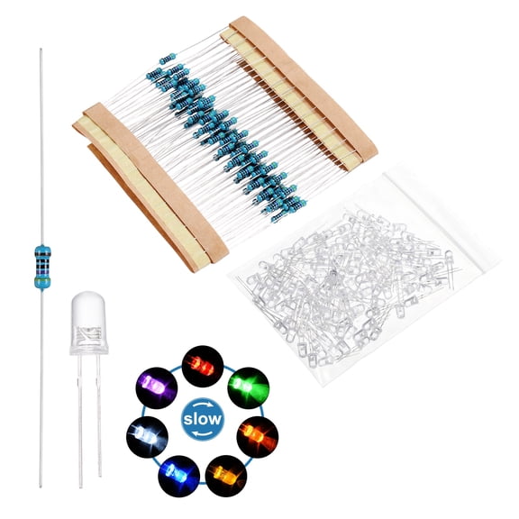Uxcell 100 pack 5mm LED Diode Lights, Rainbow Slow Round Transparent DC 3-12V High Brightness Lighting Bulb Lamps with 470 Ohms Metal Film Resistor for Electronics Components