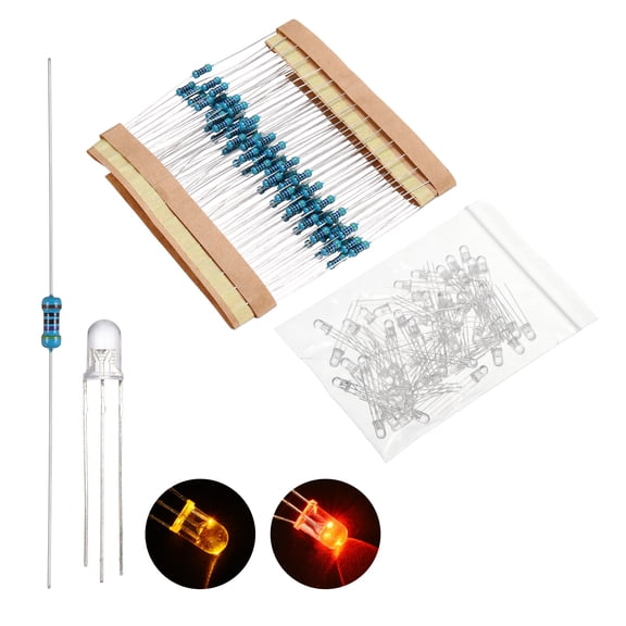 Uxcell 100 pack 5mm LED Diode Lights, Red Yellow Common Cathode Round Transparent DC 3-12V High Brightness Lighting Bulb Lamps with 470 Ohms Metal Film Resistor for Electronics Components