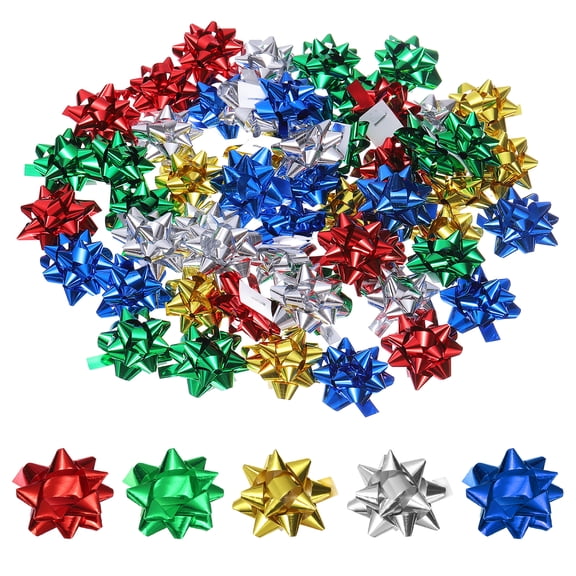Uxcell 100 pcs Mini Gift Bow, 1" Small Star Gift Bow Metallic Self-Adhesive Bowknots for Holiday Presents Craft Wrapping Wedding Party Birthdays Decorations, Red/Green/Gold/Silver/Blue
