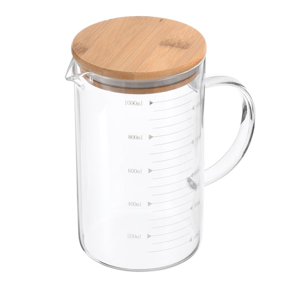 Uxcell 1000ml Glass Measuring Cup, 3.3 Borosilicate Glass Graduated White Printed Scale with Wood Lid