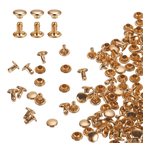 Uxcell 100 Sets Double Cap Leather Rivet, 6x6mm Round Cap Tubular Metal Studs Leather Crafting Rivet, Light Gold