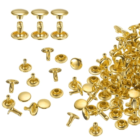Uxcell 100Pack Double Cap Leather Rivet, 9x8mm Round Cap Tubular Metal Studs Leather Crafting Rivet, Gold