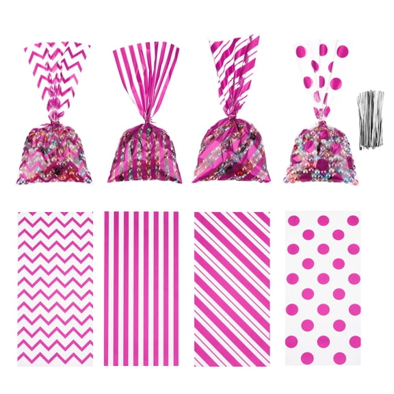 Uxcell 100Pcs 11"x5" Treat Bags with 100 Silvery Ribbons for Small Gift Party, Snacks Rose Red