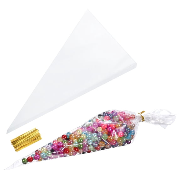 Uxcell 100Pcs 7" Length Treat Bags with Golden Twist Ties Transparent