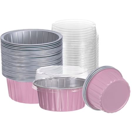 Uxcell 100Pcs Baking Cups with Lids 5oz Aluminum Foil Liners Mini Disposable Containers Cups Pink