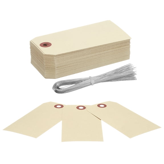 Uxcell 100Pcs Hang Tags, Tags with Wire String Paper Blank Labeling Tags Writable Making Tags for Luggage Clothes Wine Bottle(4.76" x 2.36", Cream Yellow)