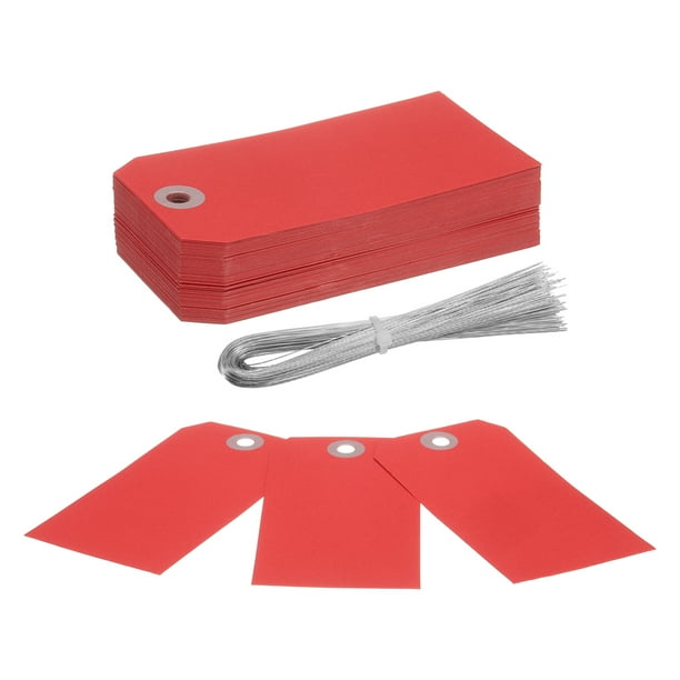 Uxcell 100Pcs Hang Tags, Tags with Wire String Paper Blank Labeling Tags Writable Making Tags for Luggage Clothes Wine Bottle(4.76" x 2.36", Red)