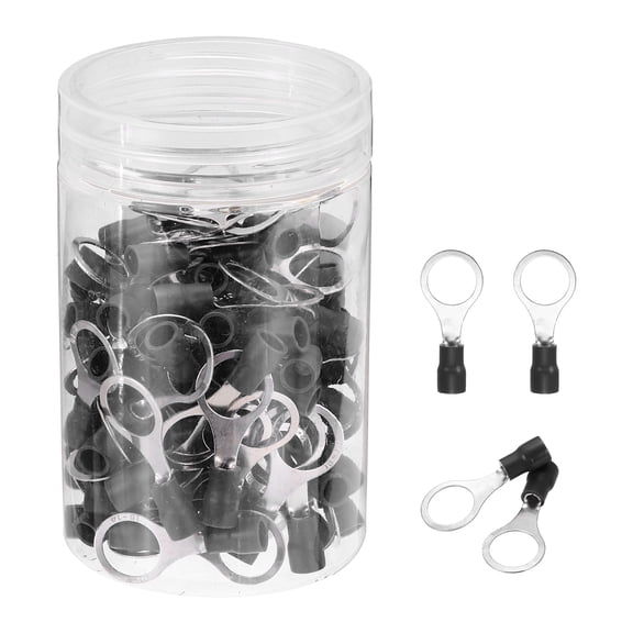 Uxcell 100Pcs Insulated Ring Terminal RV2-10 Battery Lugs 16-14AWG Electrical Crimp Terminals Eyelet Wire Connectors for Industrial, Electrical Wiring, Black