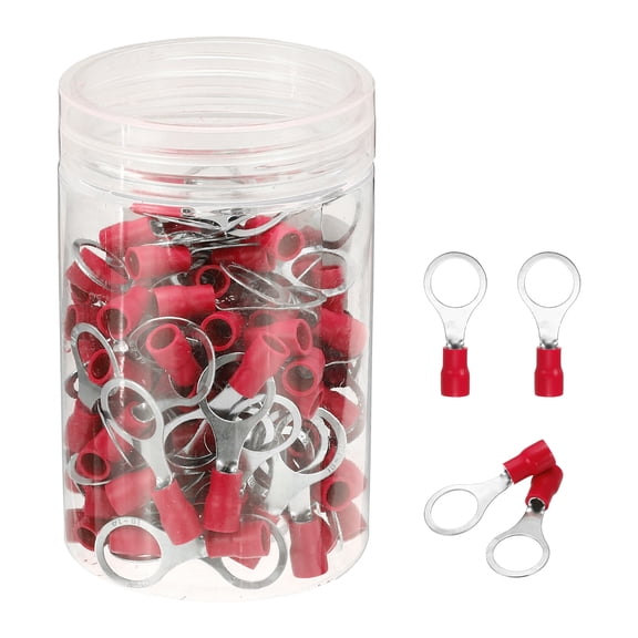 Uxcell 100Pcs Insulated Ring Terminal RV2-10 Battery Lugs 16-14AWG Electrical Crimp Terminals Eyelet Wire Connectors for Industrial, Electrical Wiring, Red