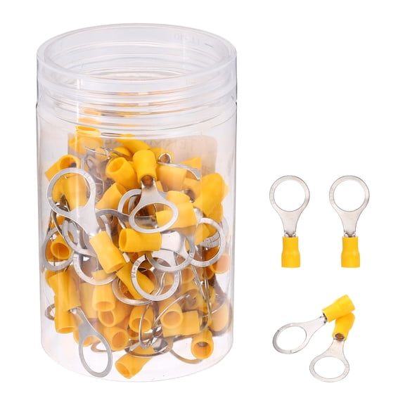 Uxcell 100Pcs Insulated Ring Terminal RV2-10 Battery Lugs 16-14AWG Electrical Crimp Terminals Eyelet Wire Connectors for Industrial, Electrical Wiring, Yellow