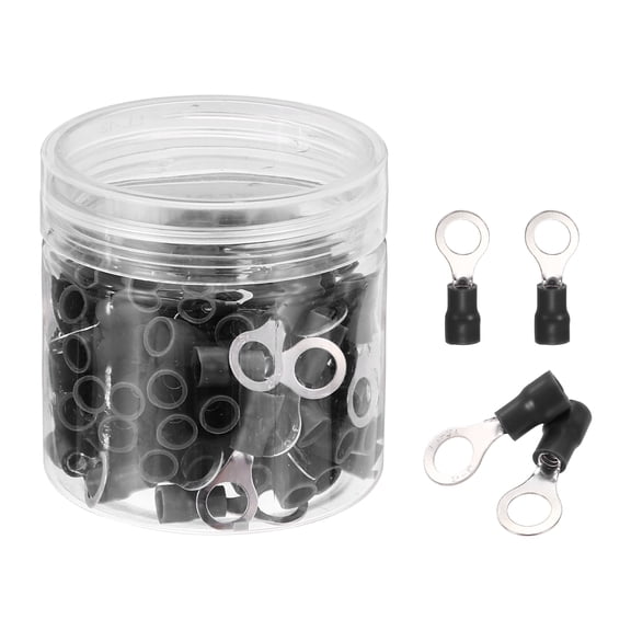 Uxcell 100Pcs Insulated Ring Terminal RV2-6 Battery Lugs 16-14AWG Electrical Crimp Terminals Eyelet Wire Connectors for Industrial, Electrical Wiring, Black