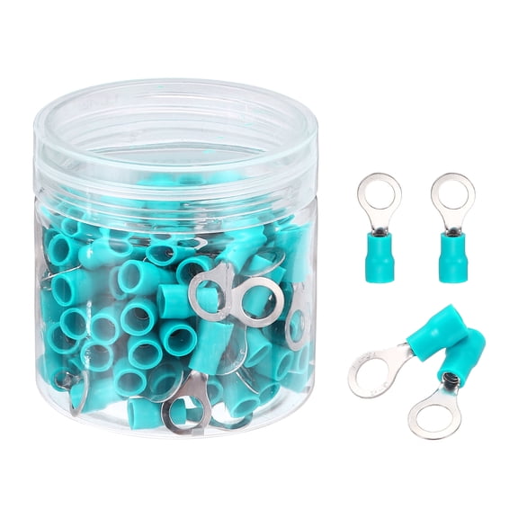 Uxcell 100Pcs Insulated Ring Terminal RV2-6 Battery Lugs 16-14AWG Electrical Crimp Terminals Eyelet Wire Connectors for Industrial, Electrical Wiring, Green