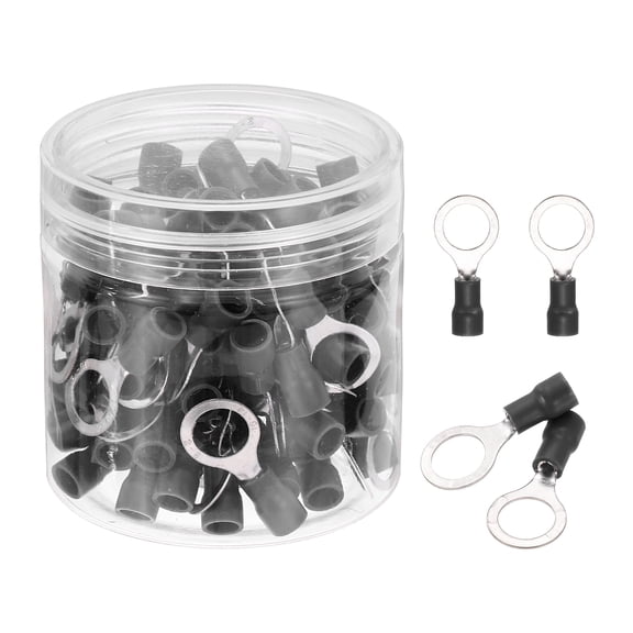 Uxcell 100Pcs Insulated Ring Terminal RV2-8 Battery Lugs 16-14AWG Electrical Crimp Terminals Eyelet Wire Connectors for Industrial, Electrical Wiring, Black