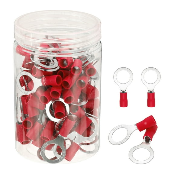 Uxcell 100Pcs Insulated Ring Terminal RV5.5-12 Battery Lugs 12-10AWG Electrical Crimp Terminals Eyelet Wire Connectors for Industrial, Electrical Wiring, Red