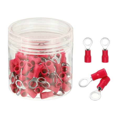 Uxcell 100Pcs Insulated Ring Terminal RVS1.25-5 Battery Lugs 22-16AWG Electrical Crimp Terminals Eyelet Wire Connectors for Industrial, Electrical Wiring, Red