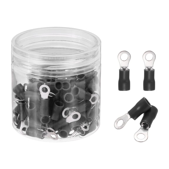 Uxcell 100Pcs Insulated Ring Terminal RVS2-3.5 Battery Lugs 16-14AWG Electrical Crimp Terminals Eyelet Wire Connectors for Industrial, Electrical Wiring, Black