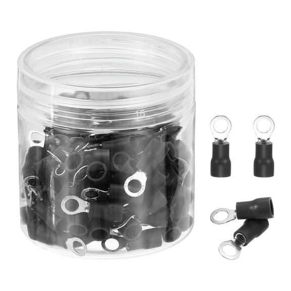 Uxcell 100Pcs Insulated Ring Terminal RVS2-4 Battery Lugs 16-14AWG Electrical Crimp Terminals Eyelet Wire Connectors for Industrial, Electrical Wiring, Black