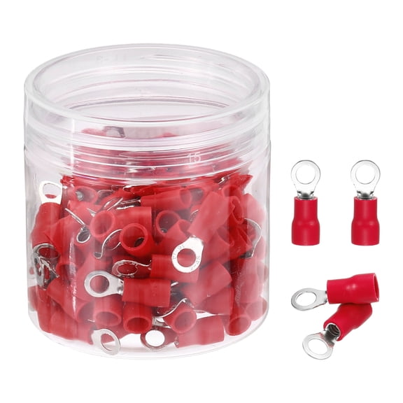 Uxcell 100Pcs Insulated Ring Terminal RVS2-4 Battery Lugs 16-14AWG Electrical Crimp Terminals Eyelet Wire Connectors for Industrial, Electrical Wiring, Red