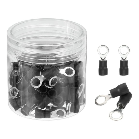 Uxcell 100Pcs Insulated Ring Terminal RVS2-5 Battery Lugs 16-14AWG Electrical Crimp Terminals Eyelet Wire Connectors for Industrial, Electrical Wiring, Black