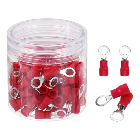 Uxcell 100Pcs Insulated Ring Terminal RVS2-5 Battery Lugs 16-14AWG Electrical Crimp Terminals Eyelet Wire Connectors for Industrial, Electrical Wiring, Red