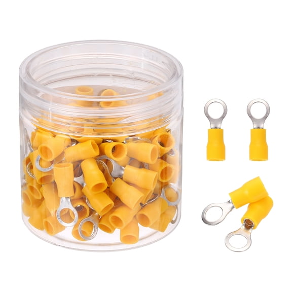 Uxcell 100Pcs Insulated Ring Terminal RVS2-5 Battery Lugs 16-14AWG Electrical Crimp Terminals Eyelet Wire Connectors for Industrial, Electrical Wiring, Yellow