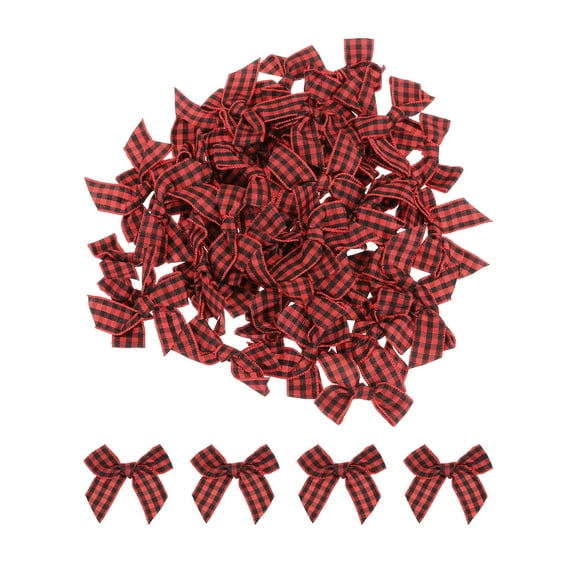 Uxcell 100Pcs Mini Gingham Ribbon Bow 1.5" Checkered Fabric Satin Ribbon Bows for Craft Black and Red